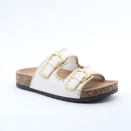 A side view of a white two strap sandals with an embroidery detail on a white background