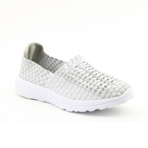 Grey slip-on shoe with a woven upper and white sole, designed for comfort and casual wear on a white background