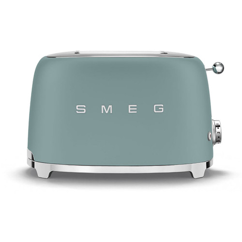 An emerald green Smeg toaster with a sleek, rounded design and chrome accents, featuring two slots for bread and a control knob on the side.