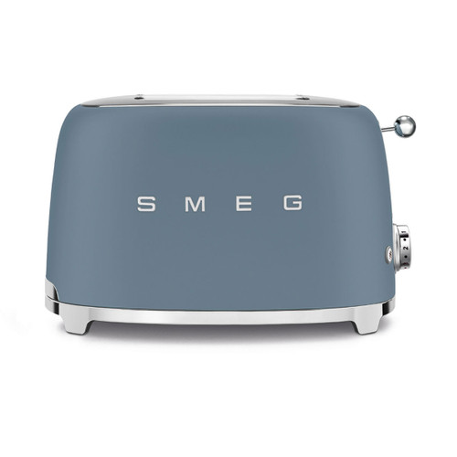 A retro-style blue toaster with chrome accents and the brand name "SMEG" prominently displayed on the front.