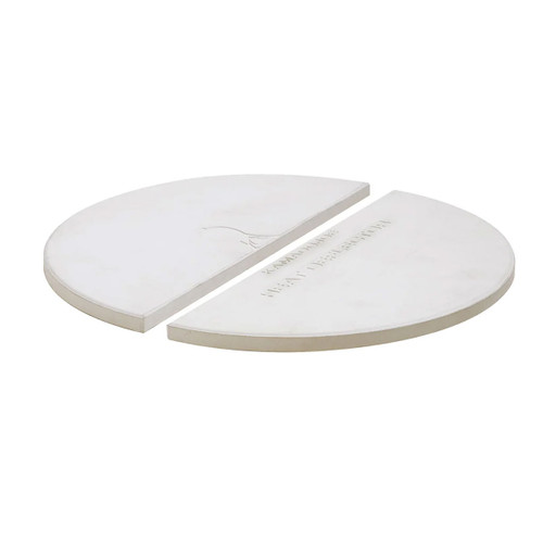 Two half moon shaped heat deflectors made of white material, with "Kamado Joe Heat Deflector" embossed on the surface.