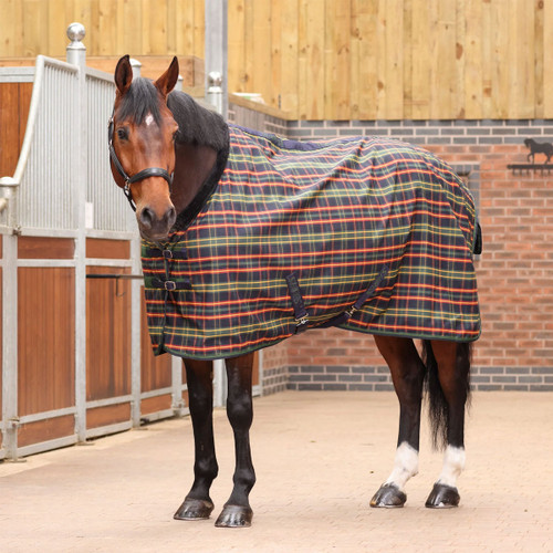 Horse wearing the Shires Tempest Plus Lite stable rug in green tartan, showing lightweight fit and SupaFleece neck trim in the stable.