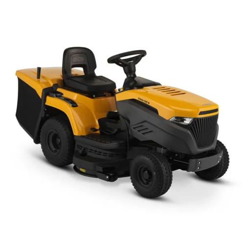 A yellow ride on lawn mower