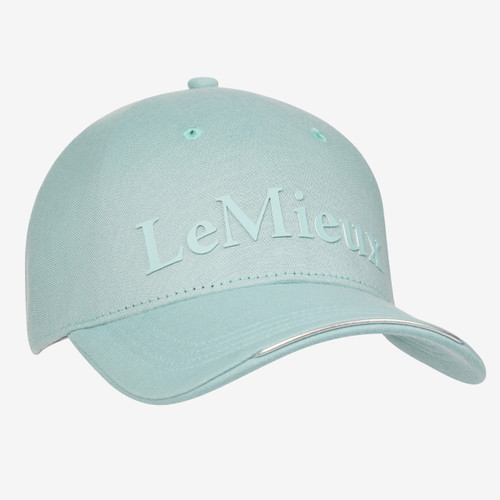 An aqua blue baseball cap featuring an embossed "LeMieux" logo on the front, with a sleek silver accent on the brim.