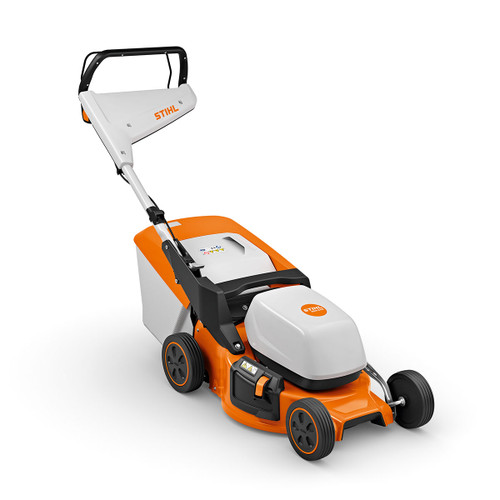 A modern electric lawn mower with a sleek design, featuring an orange and white color scheme, sturdy handle, and compact wheels, evoking efficiency.