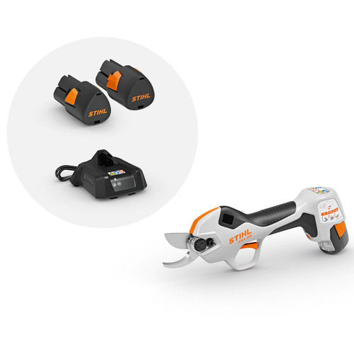 STIHL ASA 20 cordless pruning secateurs with two batteries and charger on a white background.
