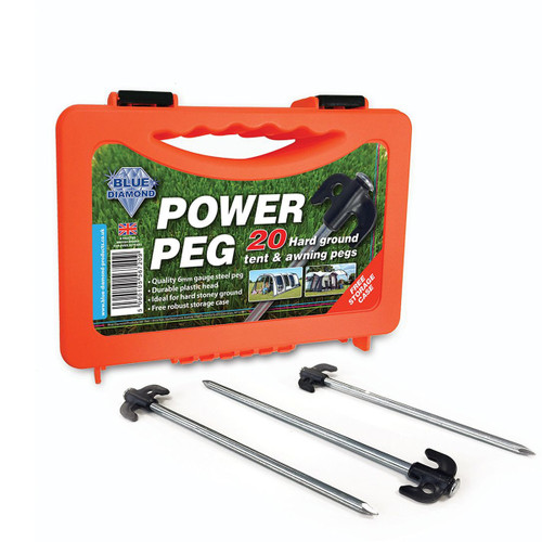 A bright orange storage case labelled "Power Peg," containing three durable steel pegs for securing tents in hard ground.