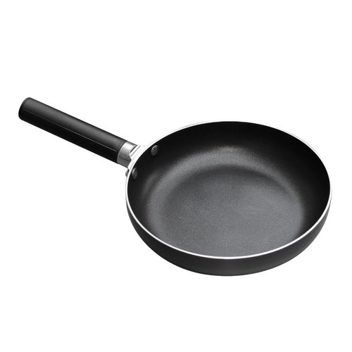 A sleek black frying pan with a smooth non-stick interior and a sturdy black handle, perfect for cooking various dishes.