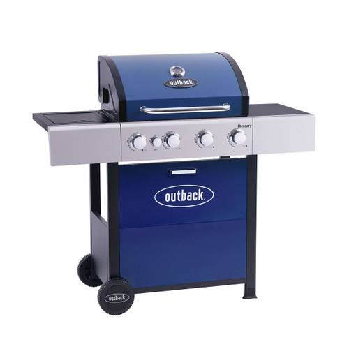 A blue 4 burner BBQ