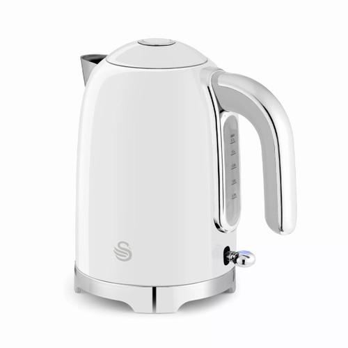 Swan Solace 1.7 litre rapid boil jug kettle in high gloss white with chrome trim, featuring a water level window and illuminated power switch.