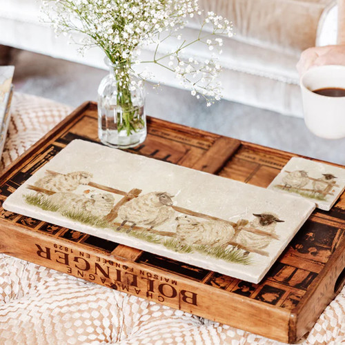 A view of a marble sharing platter with sheep on it
