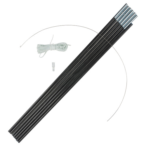 A set of six black tent poles, a length of white cord, a metal connector, and a thin wire, arranged on a white background.