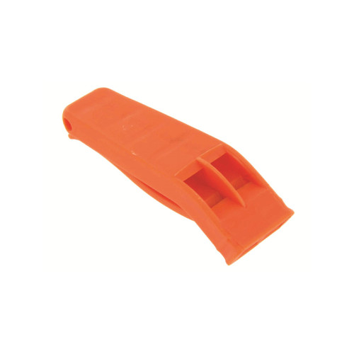 A bright orange plastic whistle with a curved shape, featuring grooves and a hole for hanging or attachment. Ideal for various uses.