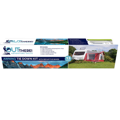 Packaging for "Out There Adventure Calls" Awning Tie Down Kit, featuring camping gear and reflective bands for stability.