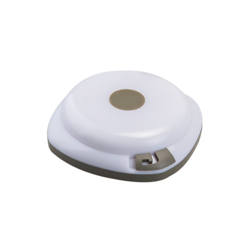 A compact, round tape measure with a white body and gray trim, designed for easy handling and storage.