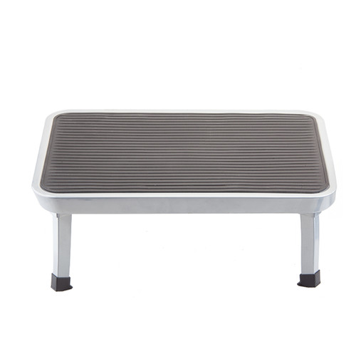 A sturdy metal step stool with a ridged rubber top and four legs, designed for safe elevation and access to hard-to-reach areas.