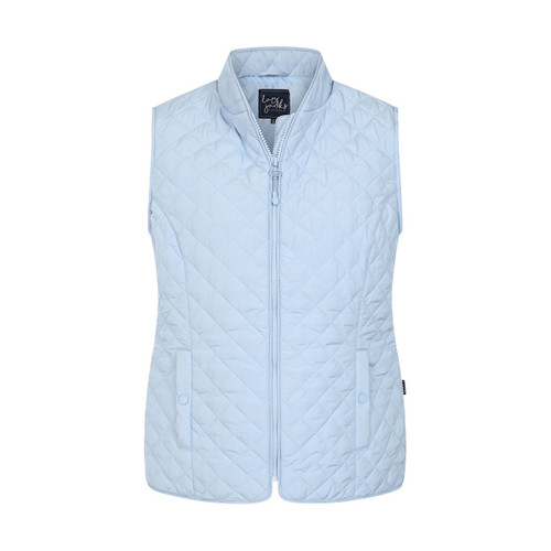 The front of a light blue quilted gilet.