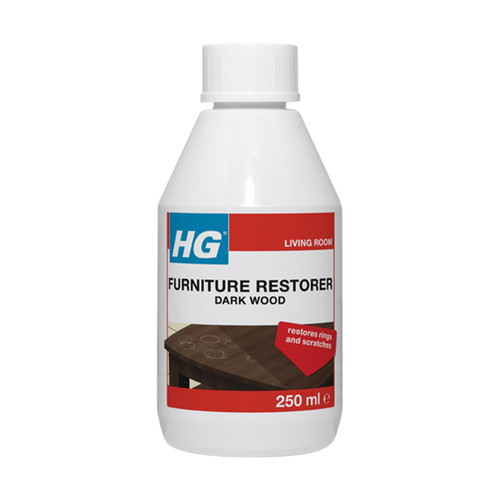 HG Furniture Restorer for dark wood in a 250 ml bottle, designed to restore rings and scratches on furniture surfaces.