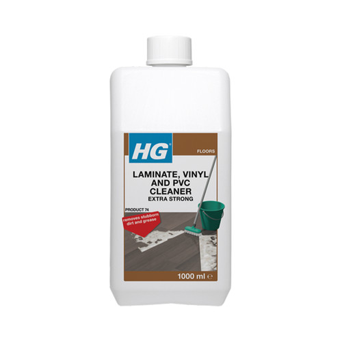 Bottle of HG Extra Strong Cleaner for laminate, vinyl, and PVC floors, featuring a mop and bucket on the label, 1000 ml.