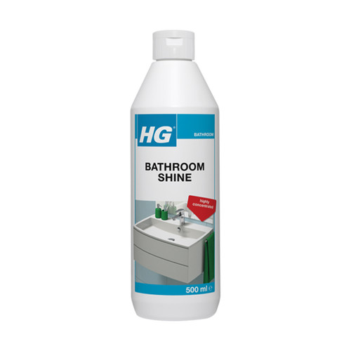 A 500ml bottle of HG Bathroom Shine cleaner, featuring a sleek design and labelled as "highly concentrated" for effective use.