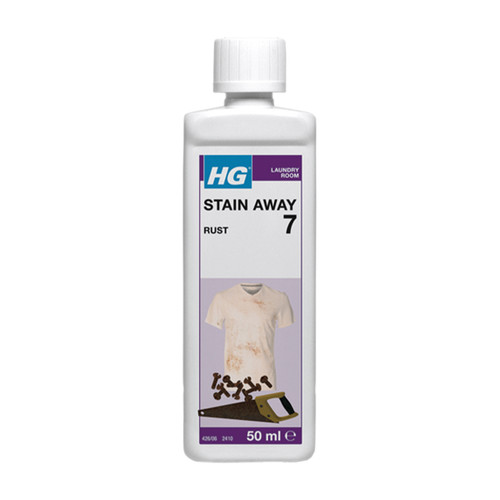 Bottle of HG Stain Away 7 for rust stains, featuring an image of a stained shirt, rusty screws, and a saw on the label.