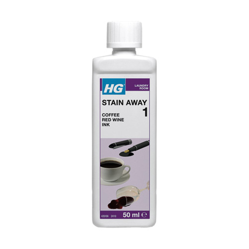 Bottle of HG Stain Away, a 50ml stain remover for coffee, red wine, and ink, featuring relevant illustrations on the label.
