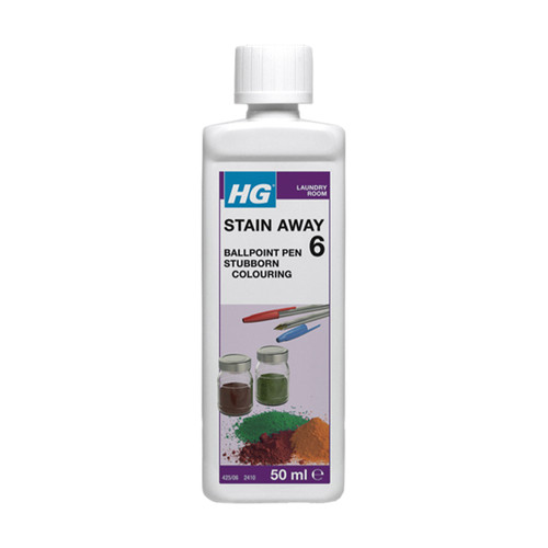 White bottle of HG Stain Away, 50ml, designed for removing stubborn ballpoint pen stains, with illustrated jars of colored substances.