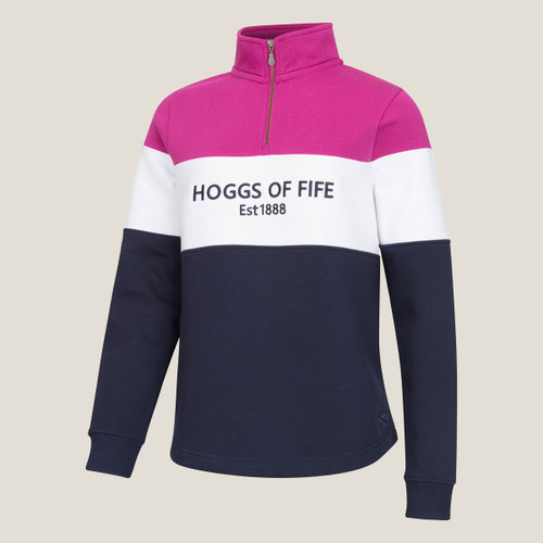 A deep pink, navy and white sweatshirt with a quarter zip and a Hoggs of Fife logo