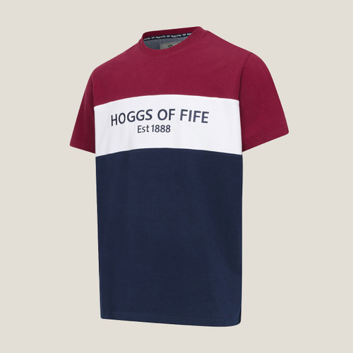 Maroon, white, and navy short-sleeve t-shirt featuring "HOGGS OF FIFE Est 1888" printed across the chest. Maroon, white, and navy short-sleeve t-shirt featuring "HOGGS OF FIFE Est 1888" printed across the chest.
