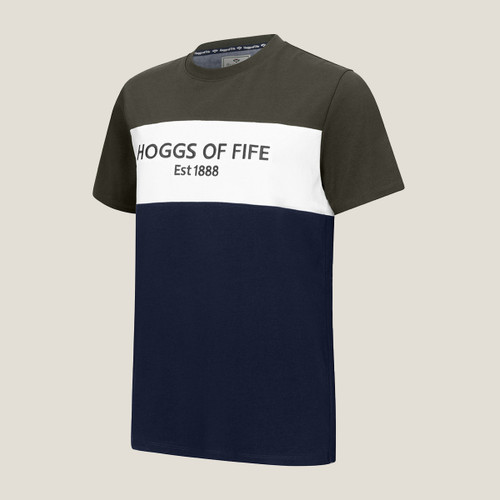 Men's colour-blocked t-shirt featuring olive green, white, and navy blue panels, with “HOGGS OF FIFE Est 1888” printed on the chest.