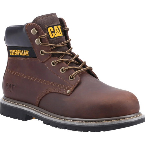 Brown leather Caterpillar work boot with yellow logo, metal eyelets, and rugged sole, designed for durability and comfort.