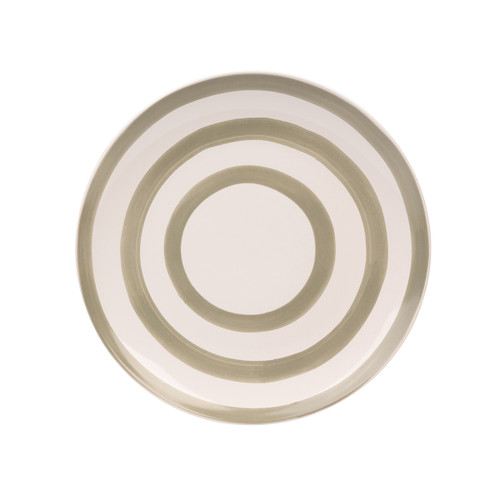 A view of a grey striped Mary Berry dinner plate on a white background