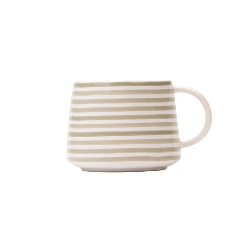 A view of a grey striped Mary Berry mug on a white background