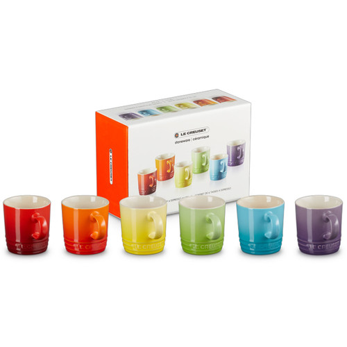 6 rainbow espresso mugs with the box next to them