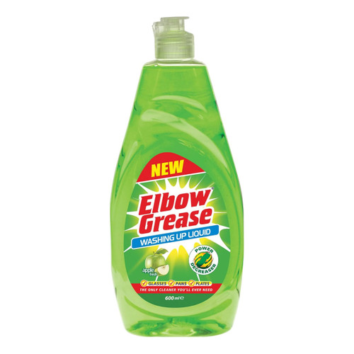 A bottle of Elbow Grease washing up liquid in vibrant green, labelled "apple fresh," highlighting its grease-cutting power.