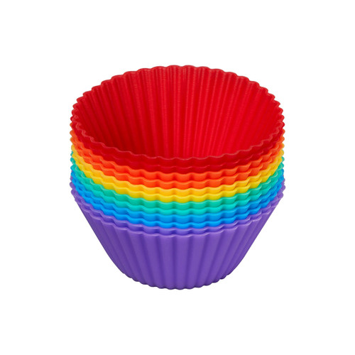 Silicone cupcake cases stacked inside each other in varying bright colours.