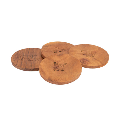 A view of 4 wooden Woodbury Lane coasters with an etched animal design on a white background