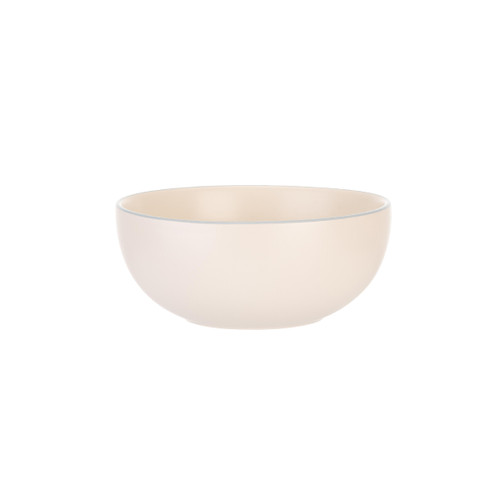 A white bowl with light blue rim details.
