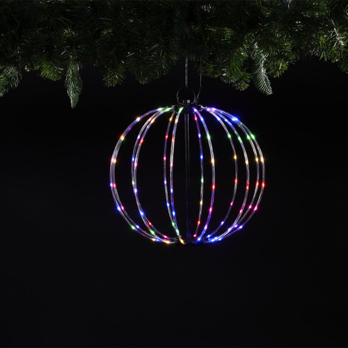 Hanging multicoloured LED sphere decoration suspended from evergreen branches, featuring evenly spaced light strands that form a glowing festive bauble for Christmas displays.