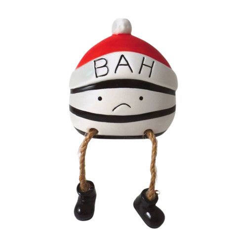 Front view of a Bah Humbug sitting decoration on a white background