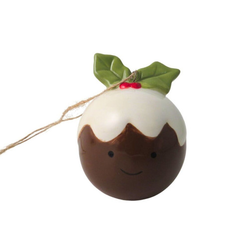 A view of a round christmas pudding hanging decoration on a white background