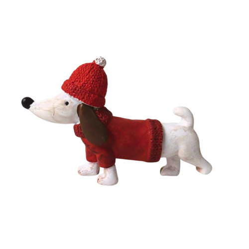 A view of a white sausage dog figure on a white background