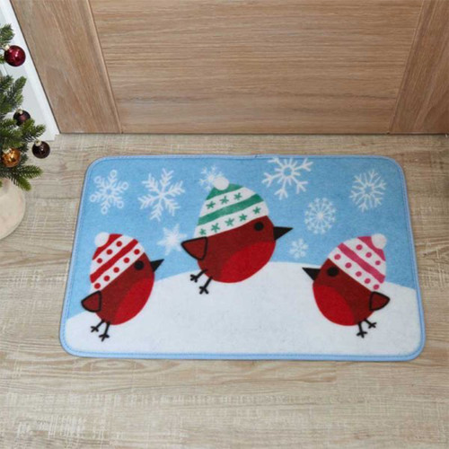 Colourful winter doormat featuring three cartoon robins in striped hats against a blue background with snowflakes.