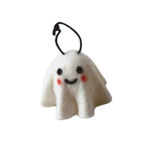 A wool ghost hanging decoration on a white background