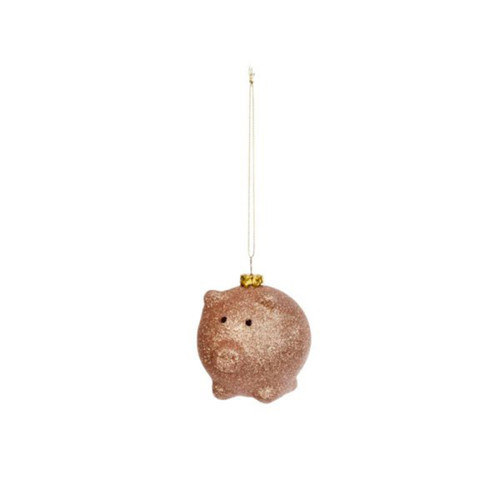A sparkly gold piggy bank ornament with a gold cap, hanging by a thin string against a white background.
