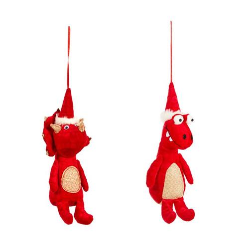 Two red dinosaurs, both with a festive hat and gold accents,  hanging by a string.