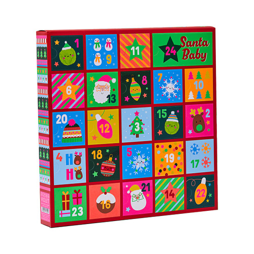 Colourful Christmas advent calendar gift box featuring 24 numbered festive compartments with holiday illustrations, including Santa, presents, Christmas trees, stockings and seasonal decorations.