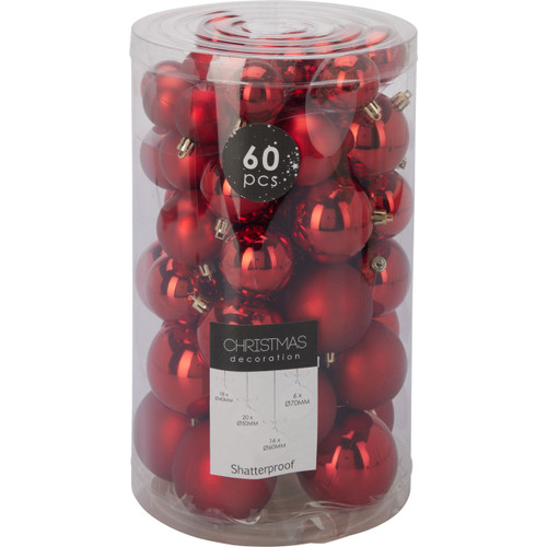 A clear container filled with 60 shiny red shatterproof Christmas baubles of various sizes, perfect for festive decorating.