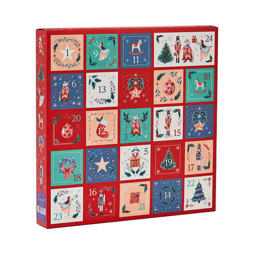 A square advent calendar with 24 numbered windows.