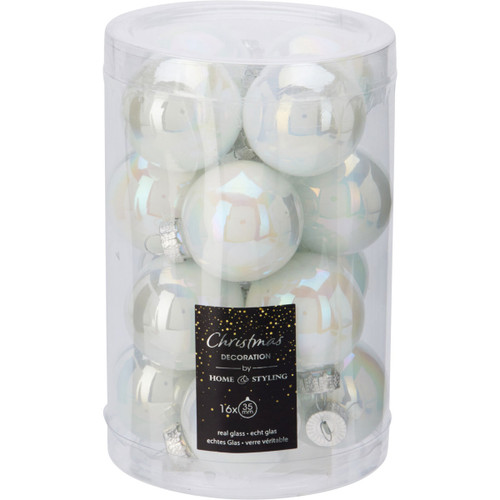 A transparent container filled with iridescent glass Christmas baubles, labelled with "Home & Styling" and specifications.
